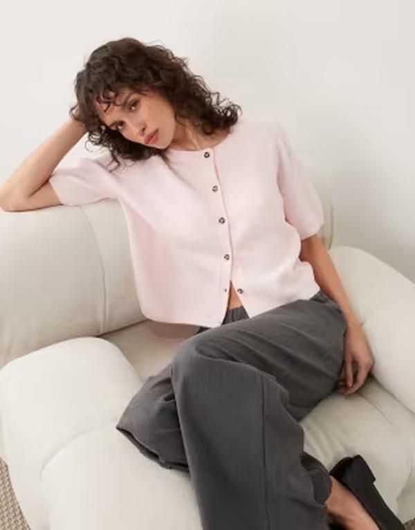 ジェイディーワイ レディース アウター カーディガン ウール ニット JDY wool blend short sleeve knit cardigan in light PINK ピンク