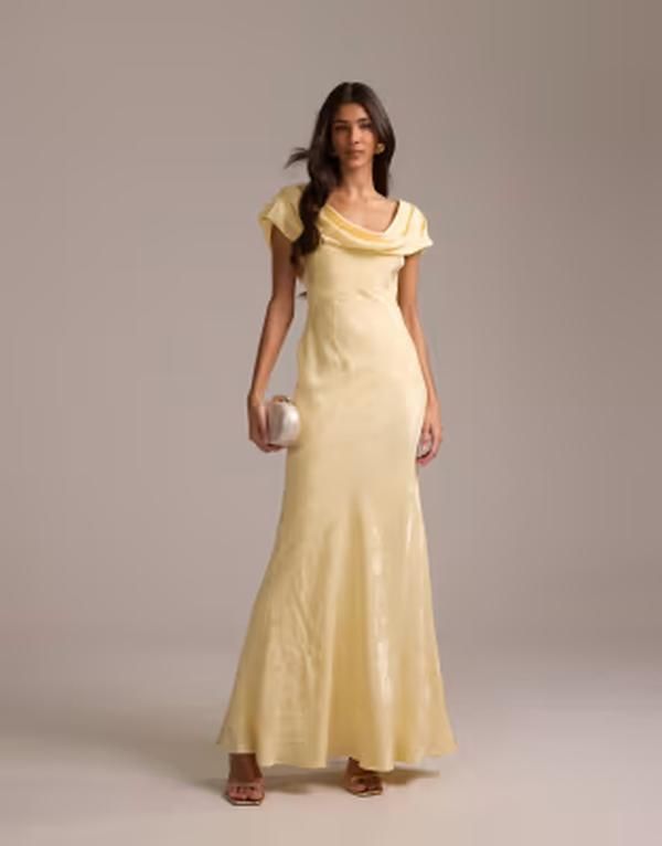 エイソス レディース トップス ワンピース マキシ ASOS DESIGN bridesmaids fallen shoulder jacquard maxi dress in pale yellow Pale yellow イエロー