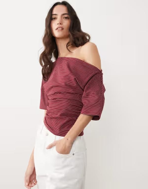 エイソス レディース トップス Tシャツ ウエストマーク ASOS DESIGN boat neck cinched waistop and white stripe Red stripe レッド