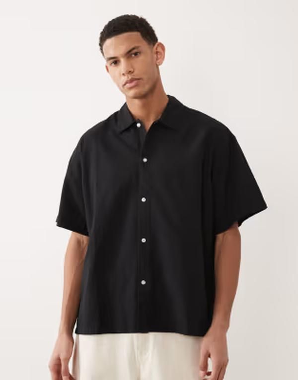 ジャック アンド ジョーンズ メンズ トップス シャツ リネン Jack Jones oversize short sleeve linen blend shirt Black ブラック