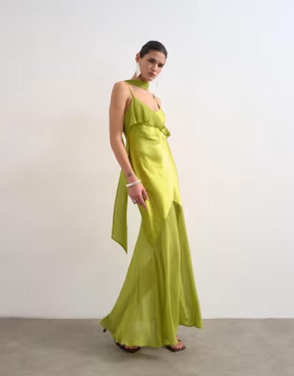 トップショップ レディース トップス ワンピース フリル マキシ Topshop mixed fabric ruffle detail maxi slip dress Green グリーン