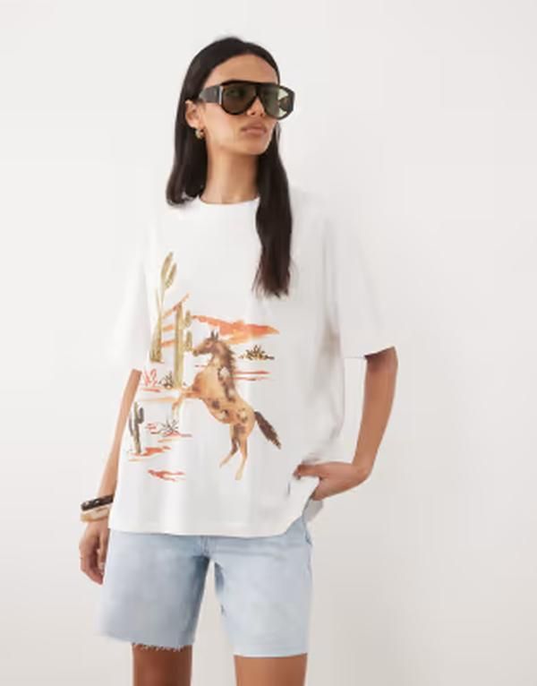 エイソス レディース トップス Tシャツ ASOS DESIGN oversized tshirt with western illustration White ホワイト
