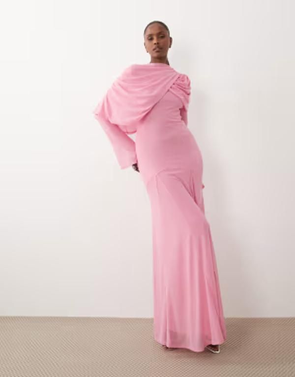 エイソス レディース トップス ワンピース ドレープ メッシュ オーバーレイ マキシ ASOS DESIGN modest mesh maxi dress with overlay draped neckline detail pink ピンク