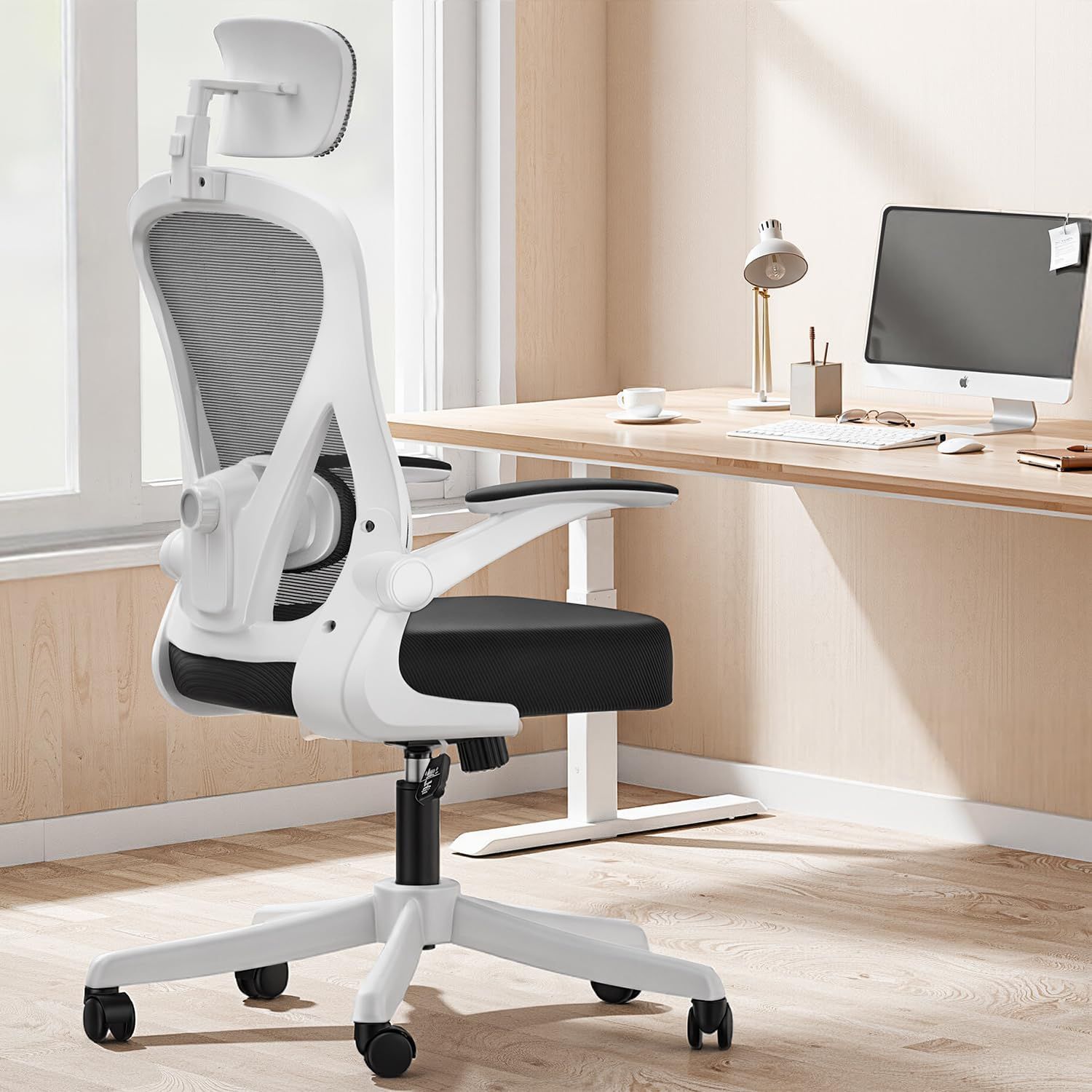オフィスチェア メッシュ デスクチェア ヘッドレスト上下調節 腰サポート多段調節 9cm厚クッション 90°回転アームレスト 30°ロッキング 静音キャスター 人間工学 椅子（ホワイト）ｍａ