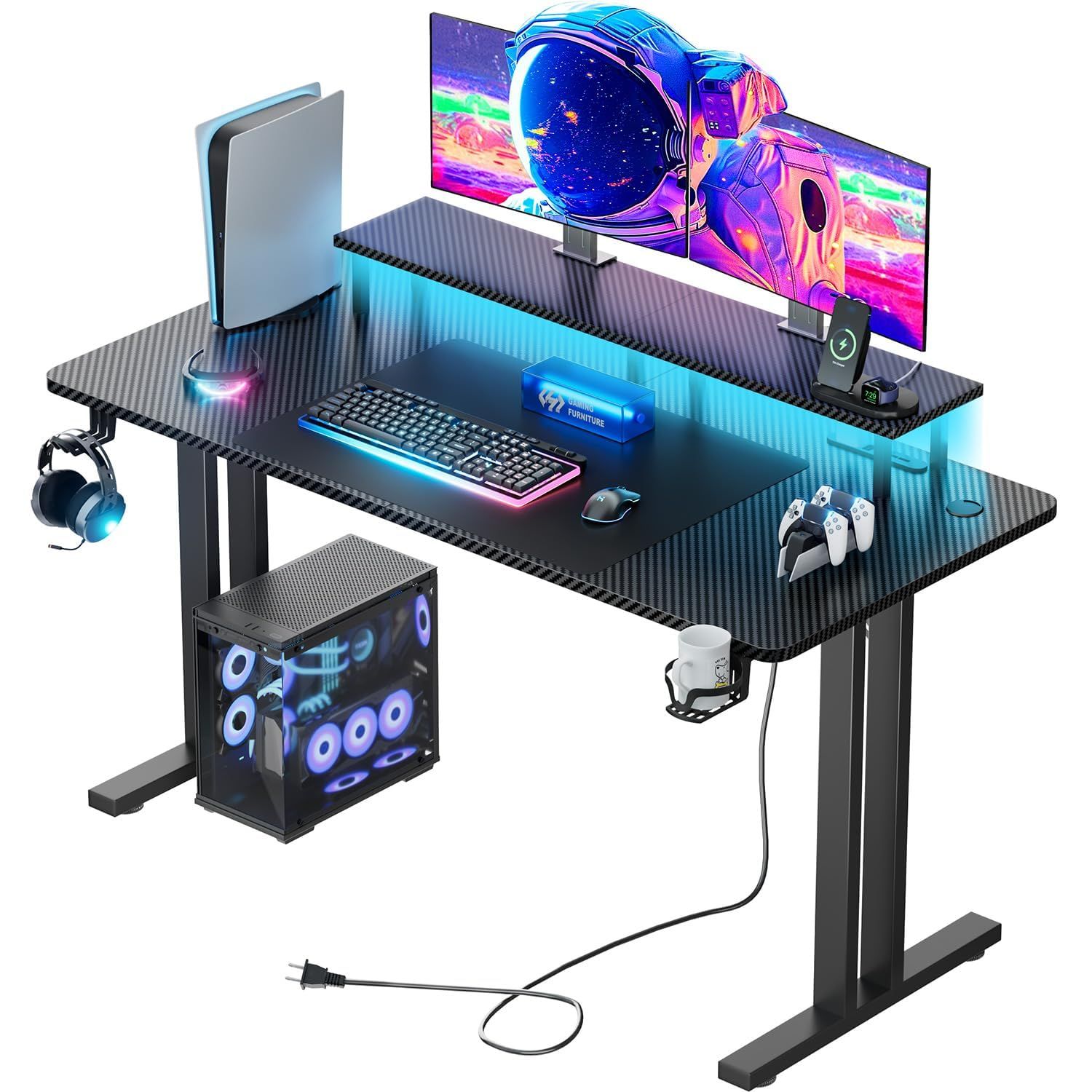 HLDIRECT ゲーミングデスク パソコンデスク LEDテープライト コンセント モニタースタンド付属 PCデスク 幅160cm*奥行60cm*高さ74cm 耐荷重120kg 炭素繊維天板 作業机 ゲームテーブル ゲーミング机 カップホルダーとヘッドホンma