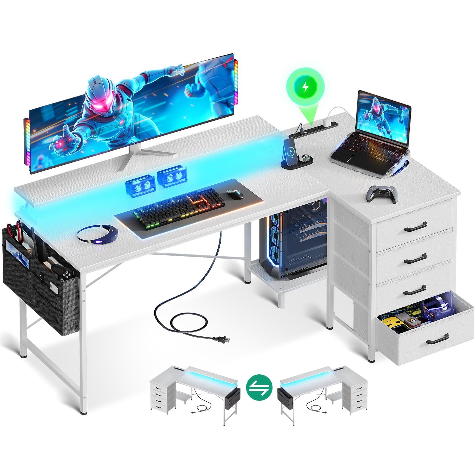 AODK ゲーミングデスク パソコンデスク l字デスク 引き出し&コンセント付き 幅160×奥行80cm 机 pcデスク ゲームデスク LED付き gaming desk l shaped 在宅ワーク/オフィス用 左右入れ替え対応 ホワイトｍａ