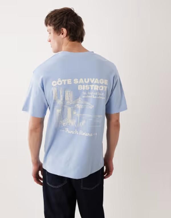 ジャック アンド ジョーンズ メンズ トップス Tシャツ プリント Jack Jones Premium heavyweightshirt with back print in light Chambray Blue ブルー