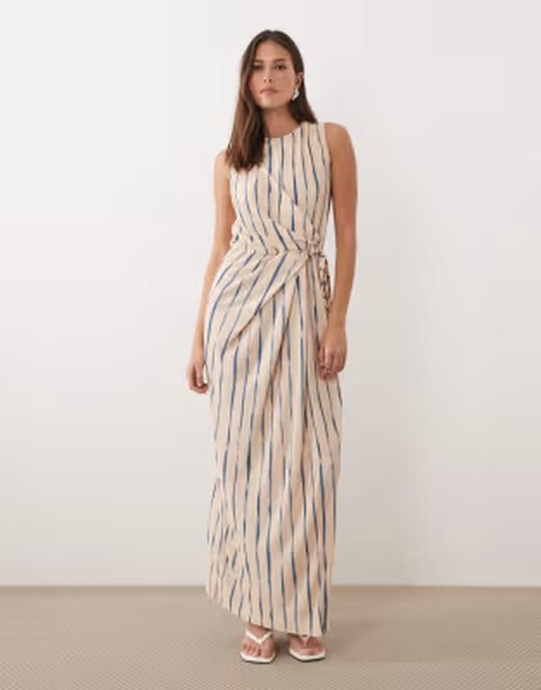 エイソス レディース トップス ワンピース ミディ ノースリーブ ASOS DESIGN plisse sleeveless tie waist midi dress in stripe ストライプ