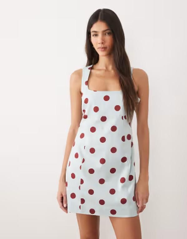 エイソス レディース トップス ワンピース ドット ミニ ASOS DESIGN square neck bodycon mini sundress and burgundy polka dots Blue Burgundy Polka Dots ブルー
