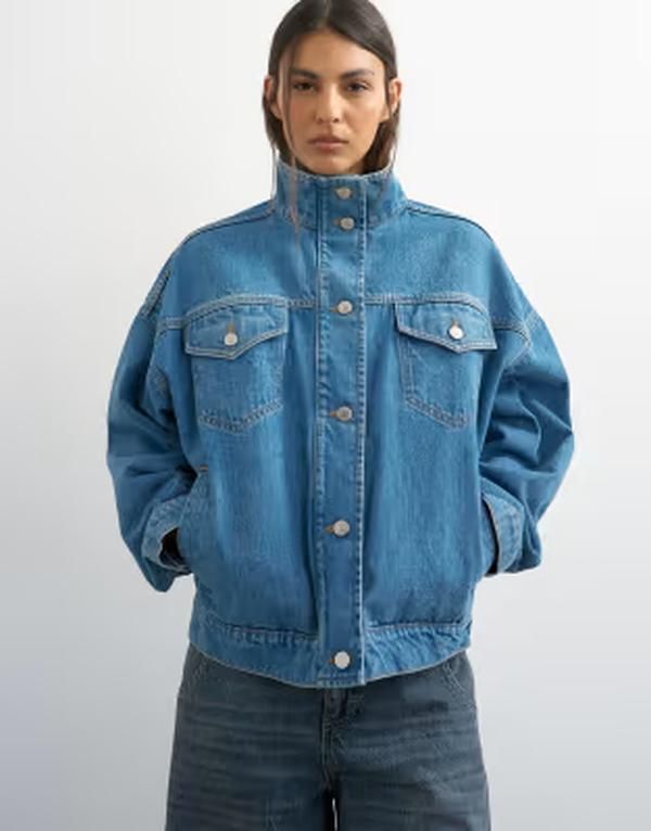 トップショップ レディース アウター ジャケット・ブルゾン スタンドネック Topshop funnel neck elastic hem detail jacket mid BLUE ブルー