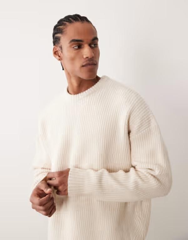 エイソス メンズ アウター ニット・セーター ASOS DESIGN extreme oversized boxy fit knit fisherman rib sweater in ecru エクリュ