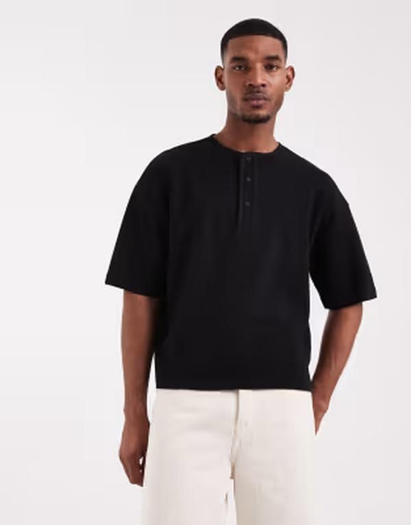 エイソス メンズ トップス Tシャツ ヘンリーネック ASOS DESIGN boxy oversized Tshirt henley neck waffle Black ブラック