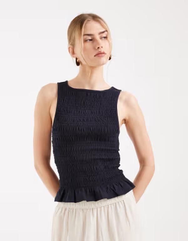 オンリー レディース トップス Tシャツ ノースリーブ ONLY sleevelesshirred smock top Night Sky ネイビー