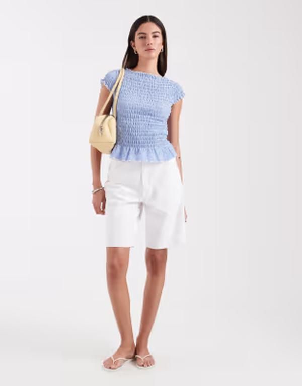 オンリー レディース トップス Tシャツ ギンガムチェック フリル キャップ ギンガム ONLY cap sleeve top with ruffle trim gingham Ultramarine Gingham ブルー