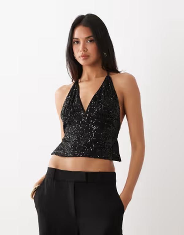 エイソス レディース トップス タンクトップ 背中開き スパンコール ホルター ASOS DESIGN sequin backless halter neck top Black ブラック