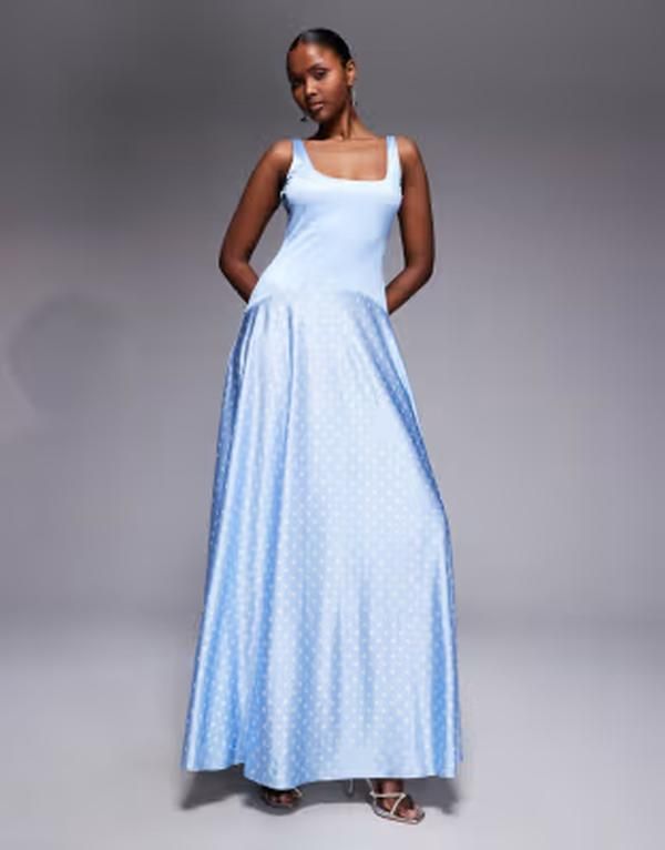レア レディース トップス ワンピース ドット コントラスト マキシ Rare London high shine scoop neck dropped contrast waist maxi dress in soft blue polka dots BLU