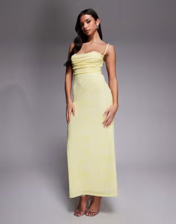 レア レディース トップス ワンピース ドット柄 ドット ギャザー ミディ レース Rare London ruched bust lace detail strappy back midi dress in yellow polka dot YELLOW イ