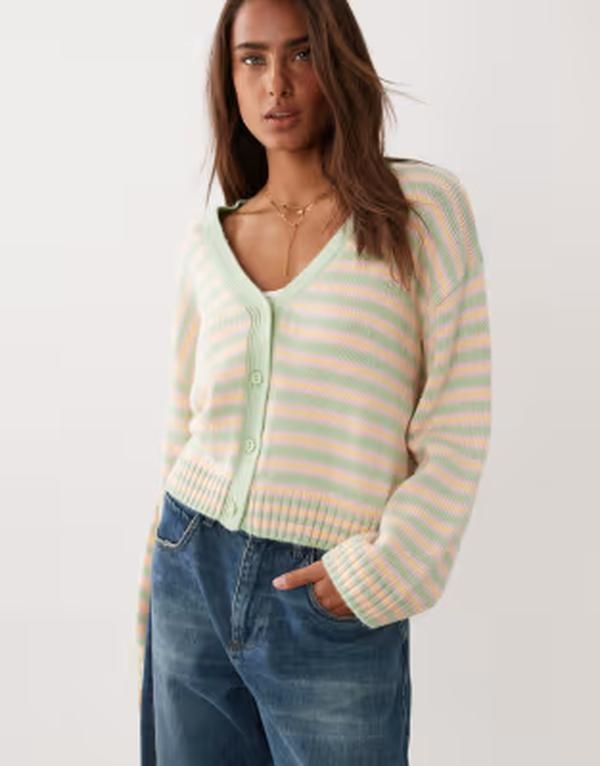エイソス レディース アウター カーディガン Vネック ニット ASOS DESIGN knit v neck cardigan stripe Green stripe グリーン