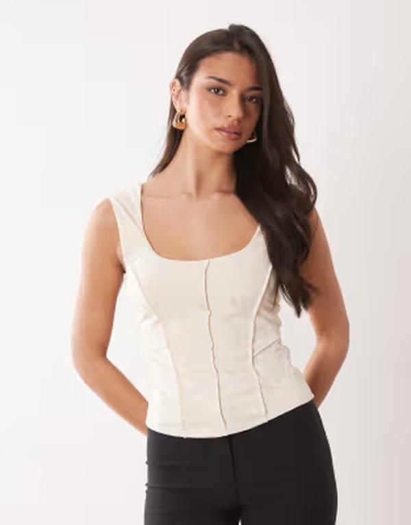 エイソス レディース トップス シャツ サテン ASOS DESIGN satin look devor corsetop with square neck Ivory アイボリー
