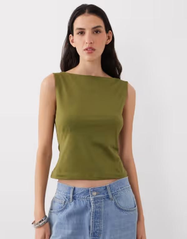 エイソス レディース トップス シャツ ASOS DESIGN polyamide slinky boat neck top Khaki Green グリーン