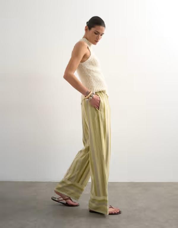 トップショップ レディース ボトムス カジュアルパンツ ストレート リネン Topshop linen blend multi striped straight leg pants green グリーン