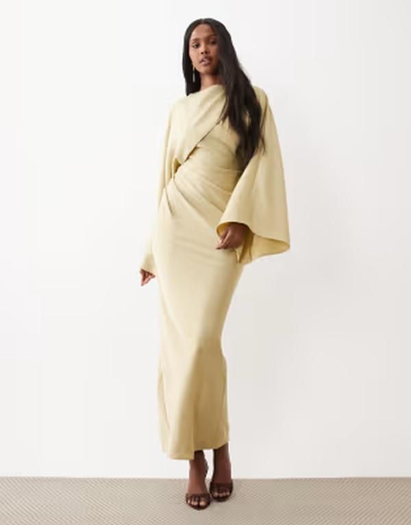 エイソス レディース トップス ワンピース ハイネック ドレープ サテン マキシ ASOS DESIGN draped long sleeve cross front high neck satin maxi dress Pale Olive オリーブ