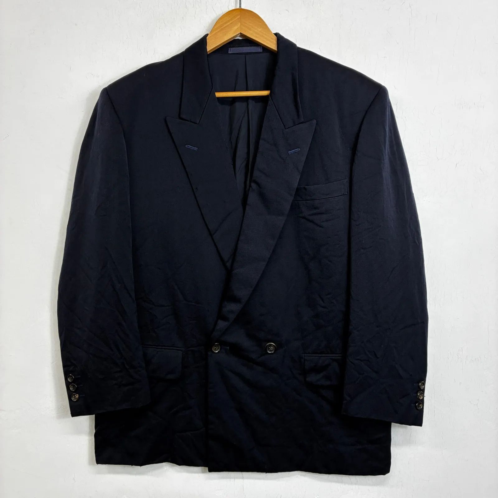 COMME des GARCONS HOMME コム デ ギャルソン オム ダブル テーラード スーツ ジャケット 総裏 肩パッド ウール 日本製 S 古着 田中オム ネイビー系 Ｓ E665