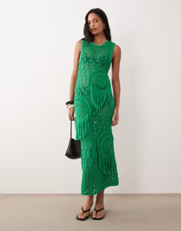 エイソス レディース トップス ワンピース パッチワーク マキシ ASOS DESIGN crochet patchwork open stitch maxi dress with fringingreen グリーン
