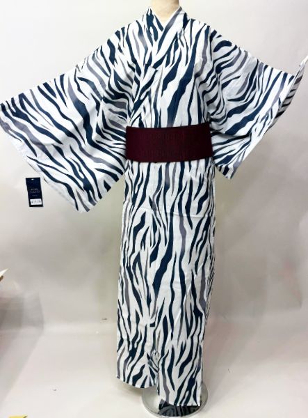 浴衣 単品 男性用 仕立て上がり LLサイズ 綿100% 白×グレー×紺 ゼブラ メンズ モダン 粋 夏祭り 花火大会 NO43536