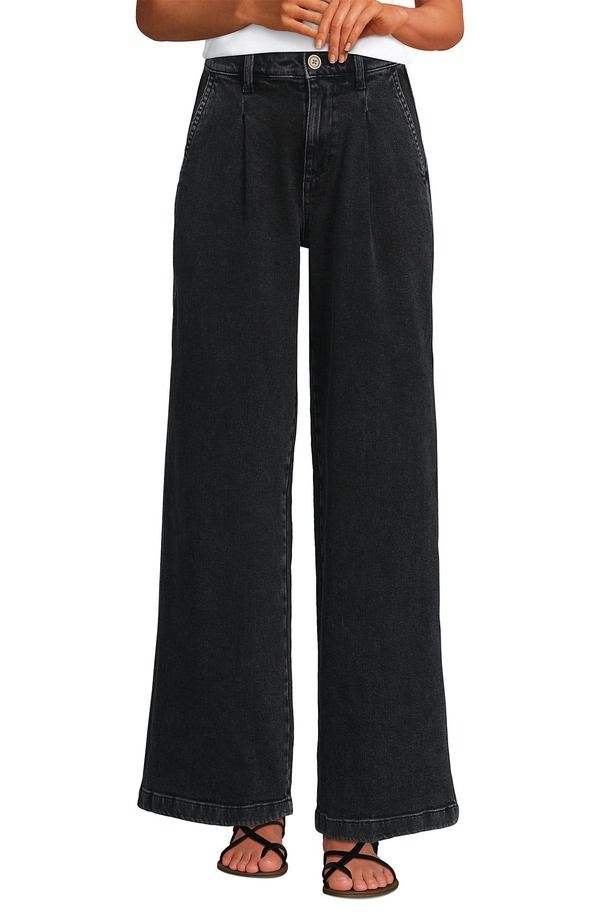 ランズエンド レディース ボトムス デニムパンツ ワイドレッグ プリーツ Lands End High Rise Soft Denim Pleated Wide Leg Trousers Black Wash ブラック