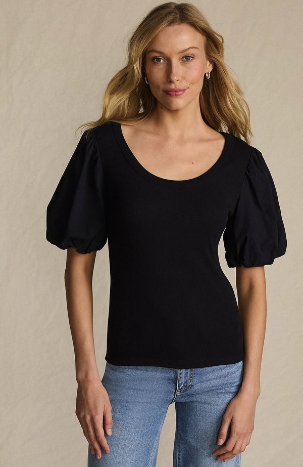 ランズエンド レディース トップス シャツ Lands Endrapey Rib Puff Sleeve Scoop Neck Top Black ブラック