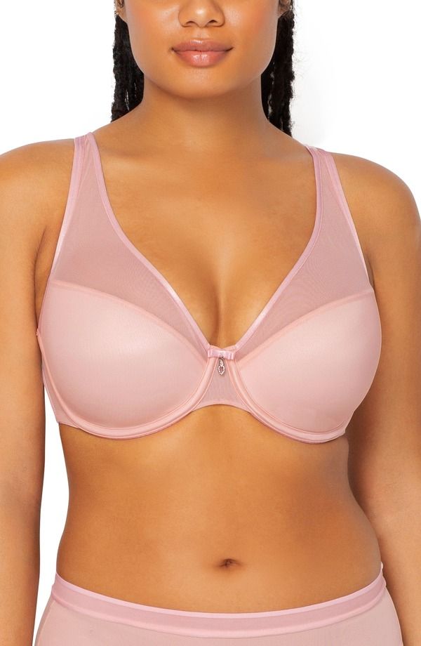 カービークチュール レディース トップス Tシャツ メッシュ シアー Curvy Couture Sheer Mesh Plunge TShirt Bra Blushing Rose