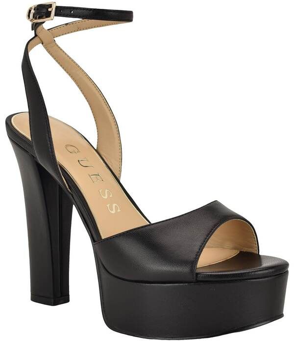 ゲス レディース シューズ サンダル プラットフォーム レザー ヒール Guess Hitten Leather Platform Tapered Block Higheel Dressandals Black ブラック