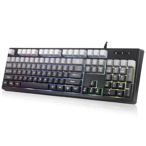 HUO JI ゲーミングキーボード 有線 英語配列 テンキー付き メカニカル風 レインボーLEDバックライト 防水設計 人間工学 浮遊キー オフィス テレワーク PS5/PS4/Xbox/PC/Mac 対応 （グラデーション・グレー）★ 80b731d3