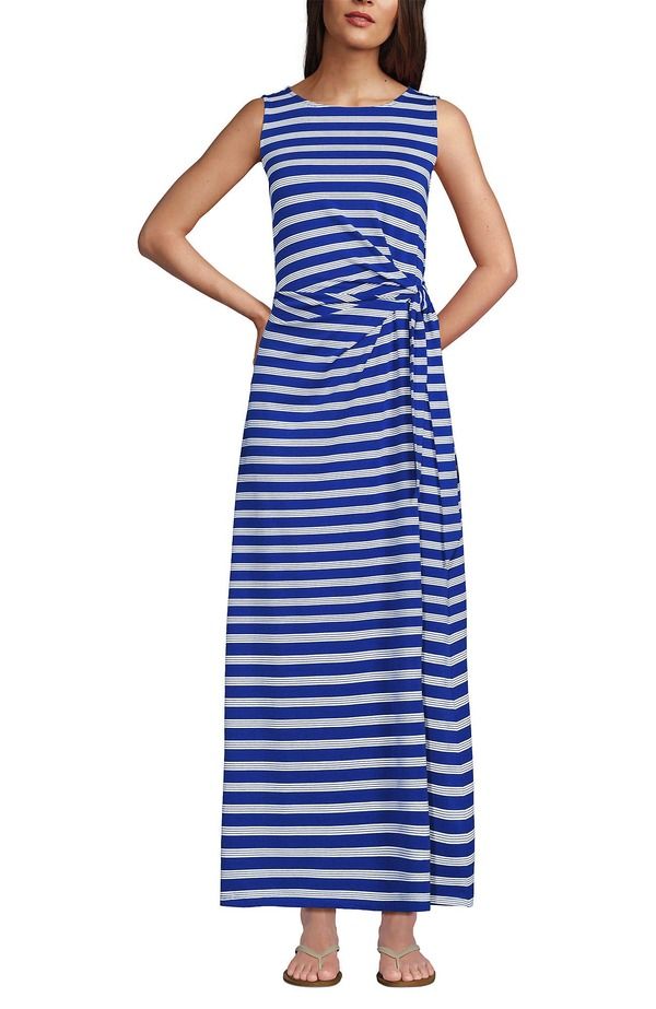 ランズエンド レディース トップス ワンピース ノースリーブ コットン マキシ Lands End Cotton Modal Sleeveless Tie Waist Maxi Dressapphire Gem Blue Quad Stripe ブルー