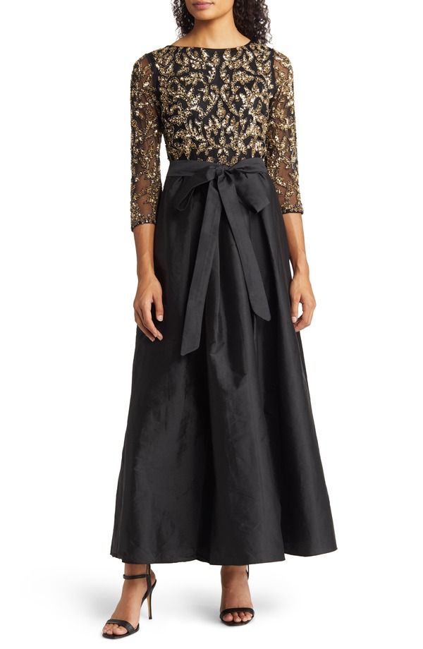 ピサッロナイツ レディース トップス ワンピースパンコール Pisarro Nightsequin Bodice Gown Black Gold ブラック