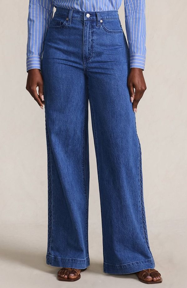 ランズエンド レディース ボトムス デニムパンツ ワイドレッグ ジーンズ Lands End High Rise Wide Leg Denim Jeans Laguna Blue With Braided Seam ブルー