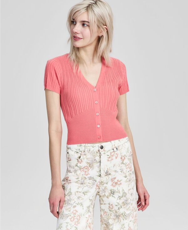 アンドノウディス レディース アウター ニット・セーター リブ 半袖 カーディガン And Now This Womens Ribbed ShortSleeve Cardigan Macys Exclusive Washed Coral コーラル