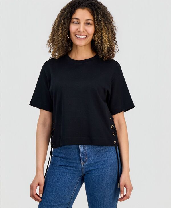 アイエヌシー インターナショナル コンセプト レディース トップス Tシャツ コットン レース INC International Concepts Womens Cotton LaceUpHem TShirt Macys Exclusive Deep Bla