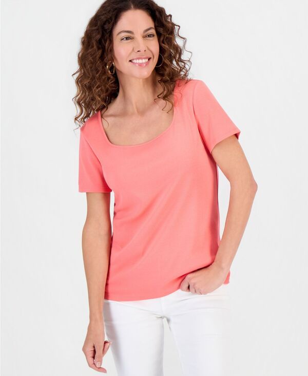 スタイルアンドコー レディース トップス シャツ 半袖 コットン Style Co Womens Cotton SquareNeck ShortSleeve TShirt Exclusively at Macys Tuscon Coral コーラル