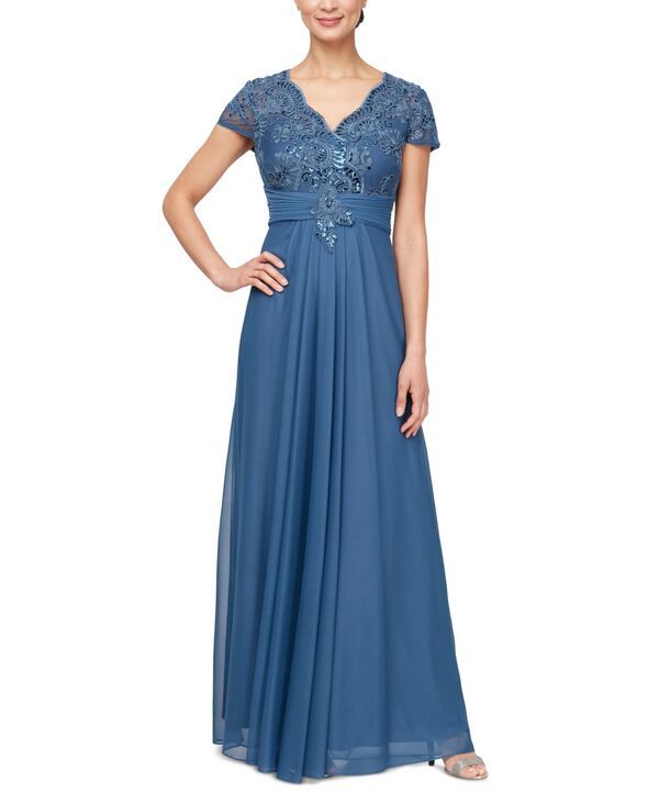 アレックスイブニングス レディース トップス ワンピース プチ スパンコール 刺繍 レース Alex Evenings Petite Sequin EmbroideredLace Gown Vintage Blue ブルー