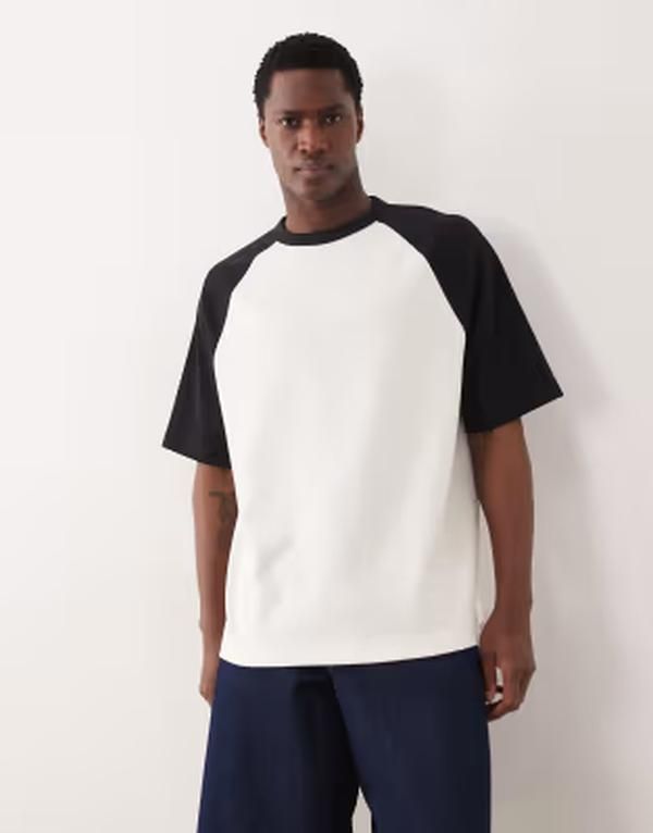 エイソス メンズ トップス Tシャツ コントラスト コットン ASOS DESIGN breatheMAX heavyweight oversized Tshirt with contrast raglan in cream cotton blend Coco