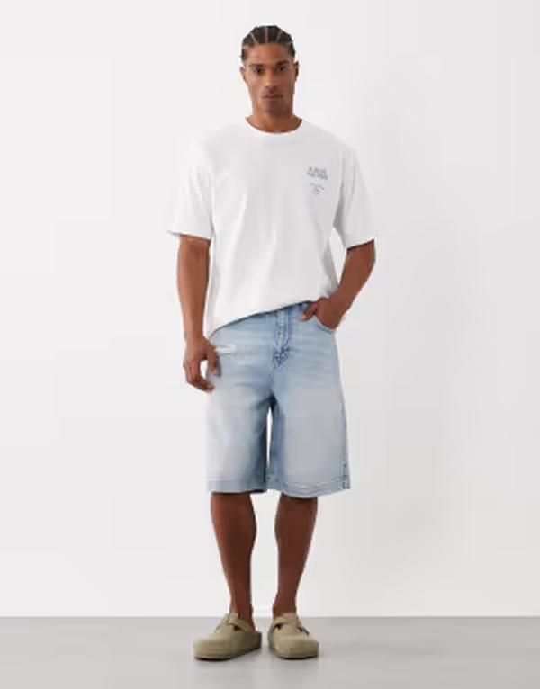 エイソス メンズ ボトムス ハーフパンツ・ショーツ ASOS DESIGN mid length jorts in light wash blue with rip Light washed blue ブルー