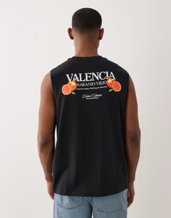 オンリーアンドサンズ メンズ トップス ベスト プリント ONLY SONS oversized tank top with Valencia back print Jet Black ブラック