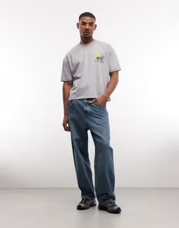 エイソス メンズ トップス Tシャツ グラフィック ASOS DESIGN boxy oversized tshirt with fruit graphics Gray グレー