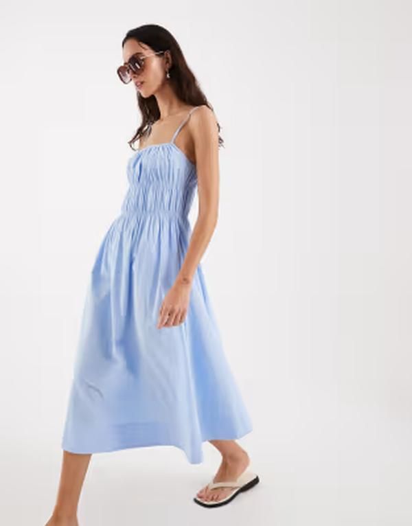 フォースレックレス レディース トップス ワンピース コットン 4th Reckless cotton poplin shirred camidaxi dress in baby BLUE ブルー