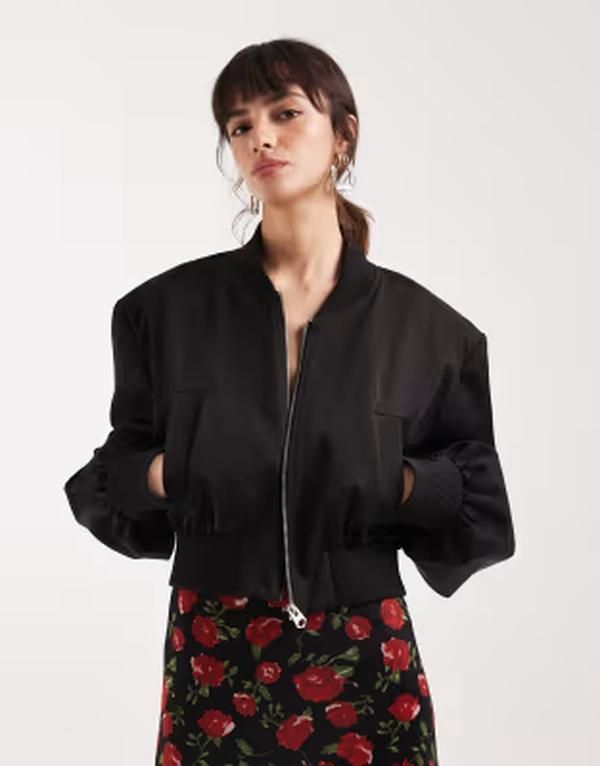エイソス レディース アウター ジャケット・ブルゾン クロップド ASOS DESIGN cropped shoulder pad bomber jacket Black ブラック