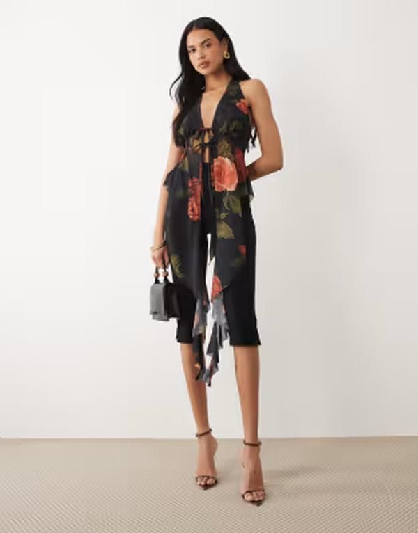 エイソス レディース トップス シャツ シフォン プリント フリル ASOS DESIGN printed stretchiffon ruffle top in rose print Rose Print