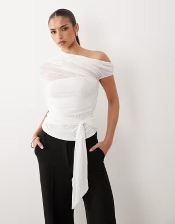 エイソス レディース トップス Tシャツ ウエストマーク ドレープ メッシュ ASOS DESIGN mesh draped one shoulder top with cinched waist in cream クリーム
