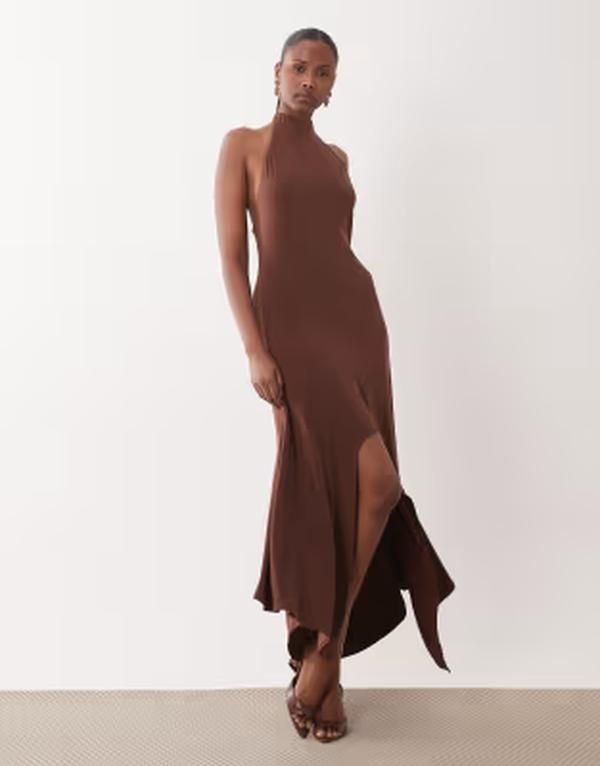 エイソス レディース トップス ワンピース ハイネック ASOS DESIGN softouch slinky hanky hem dress withigh neck cowl detail in chocolate チョコレート